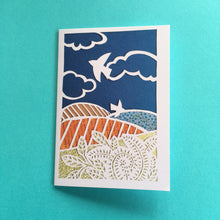 Load image into Gallery viewer, Set 2 of 4 greetings cards, prints of hand made paper cut landscapes
