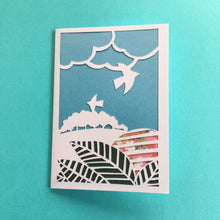Load image into Gallery viewer, Set 1 of 4 greetings cards, prints of hand made paper cut landscapes