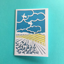 Load image into Gallery viewer, Set 1 of 4 greetings cards, prints of hand made paper cut landscapes