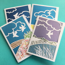 Load image into Gallery viewer, Set 2 of 4 greetings cards, prints of hand made paper cut landscapes
