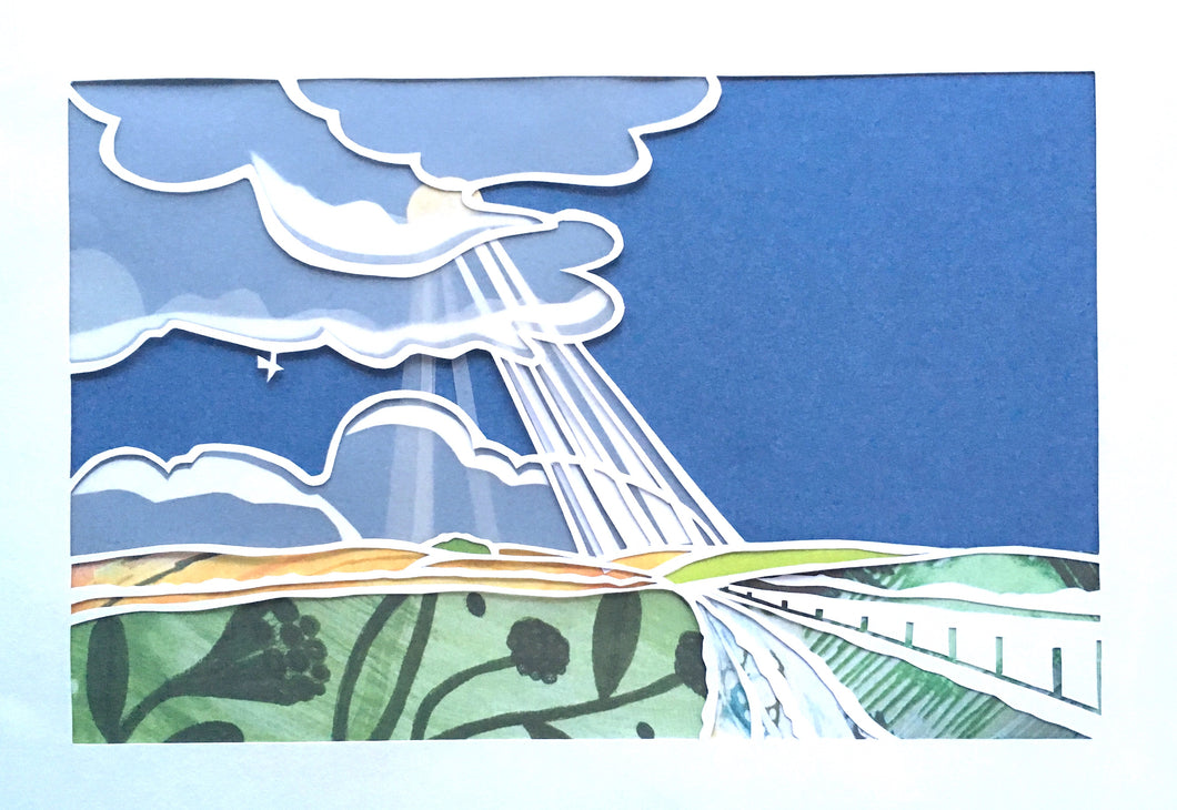 'Distant light' giclee print unframed, paper cut landscape