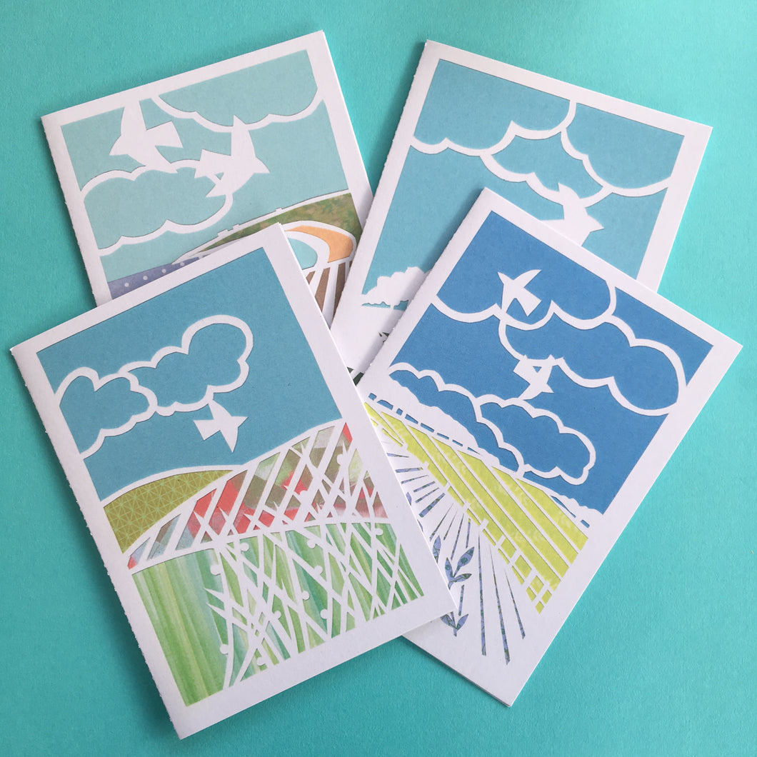 Set 1 of 4 greetings cards, prints of hand made paper cut landscapes