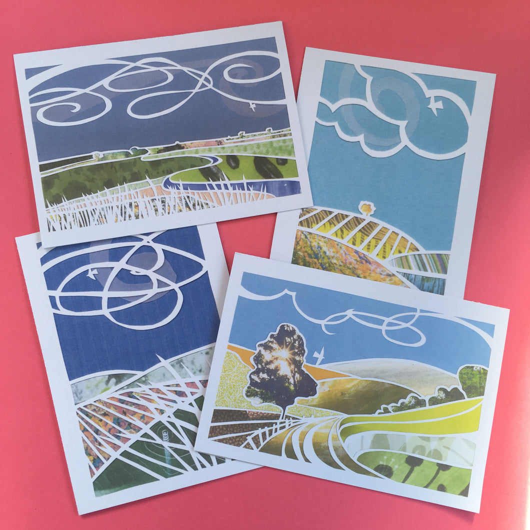 Set 3 of 4 greetings cards, prints of hand made paper cut landscapes