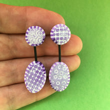 Load image into Gallery viewer, Polymer clay earrings, in Lavender and white.
