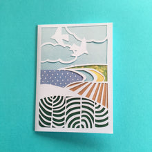 Load image into Gallery viewer, Set 1 of 4 greetings cards, prints of hand made paper cut landscapes
